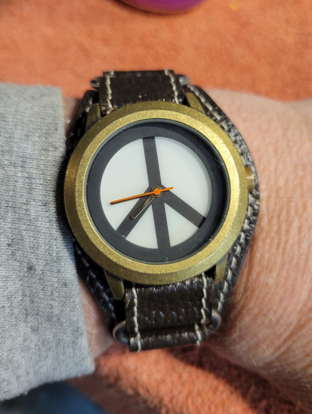 Lucky Brand Peace Sign Watch Leather Strap, Glowimg back light.